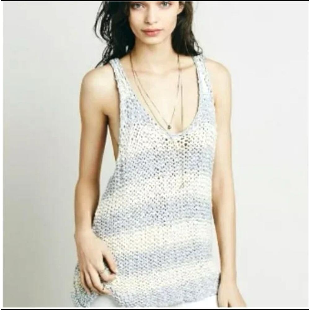 Free People Womens S Gray White Stars That Shine Wide Knit Tank Sweater Top